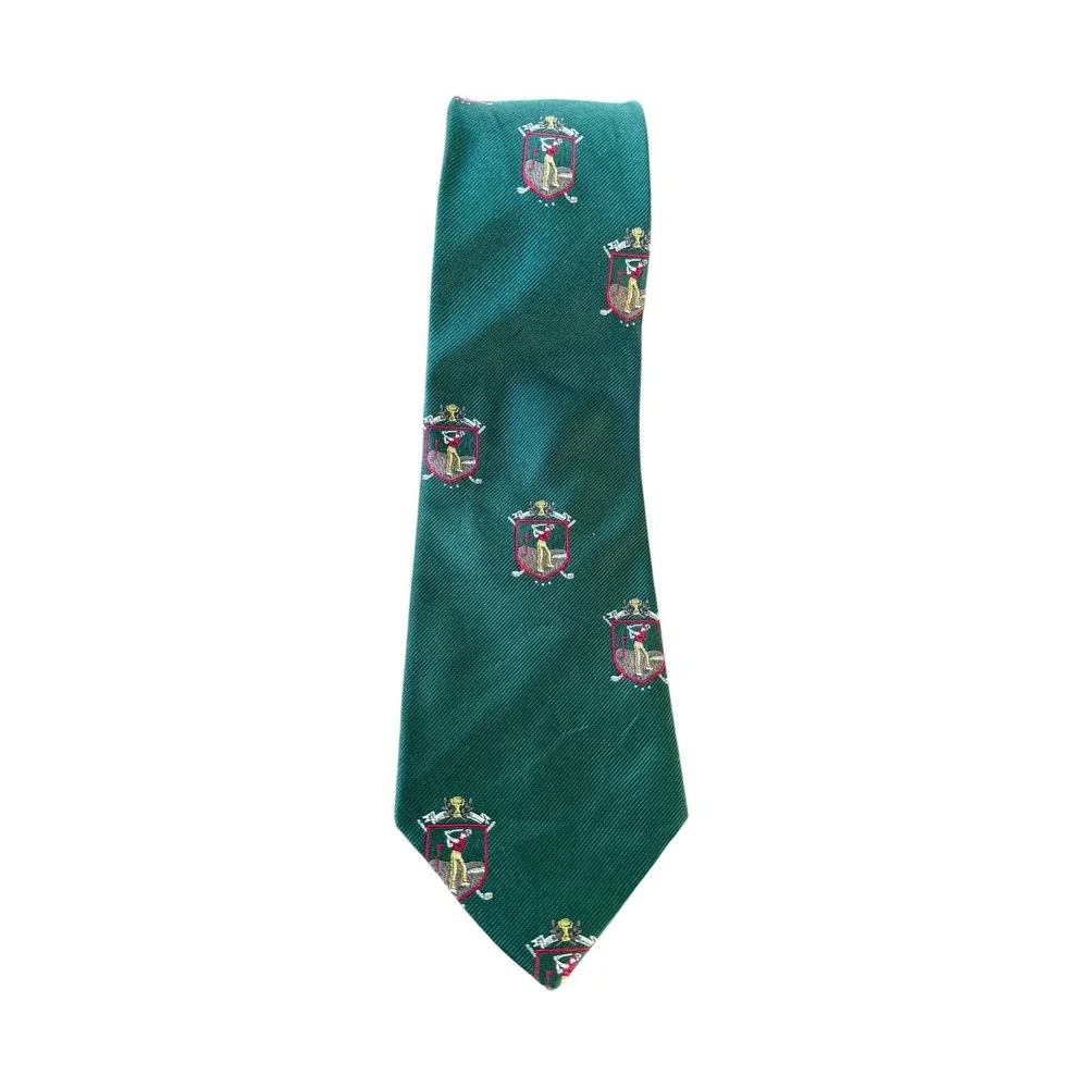 Vintage Polo Ralph Lauren‎ Mens Silk Tie Green Golf Crest Made in USA Hand Made